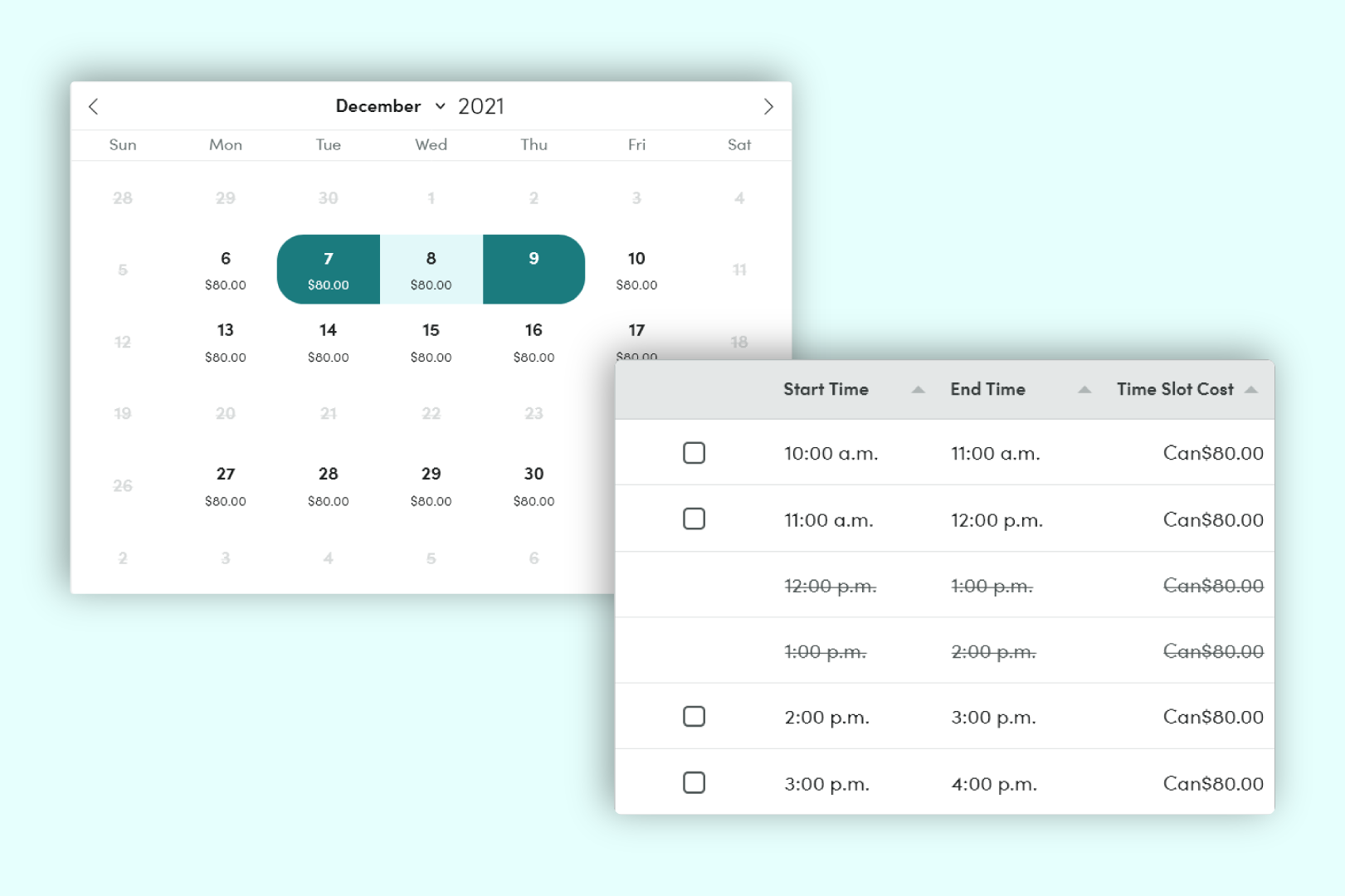 A calendar showing available dates. Next to it is a table with available start/end times with the cost for the time slot.